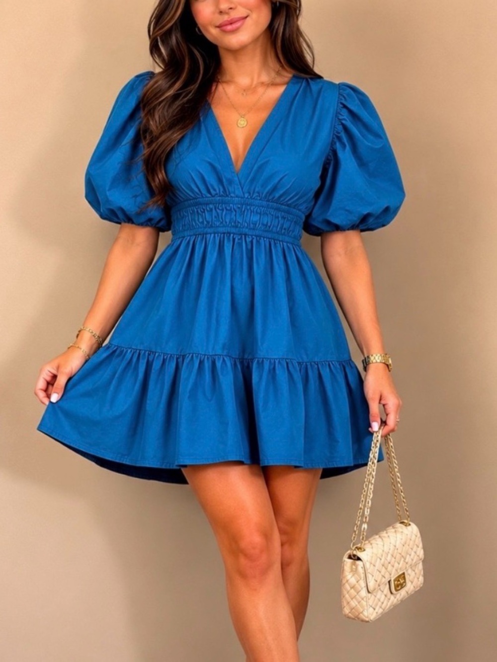 Teal Blue V-Neck Puff Sleeve Mini Dress